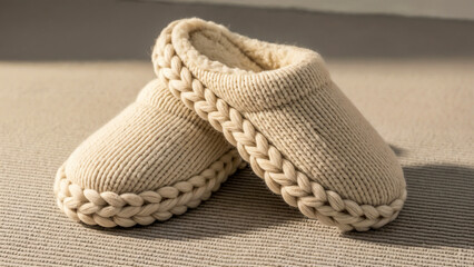 Knitted wool slippers on floor mat symbolizing warmth and handmade comfort