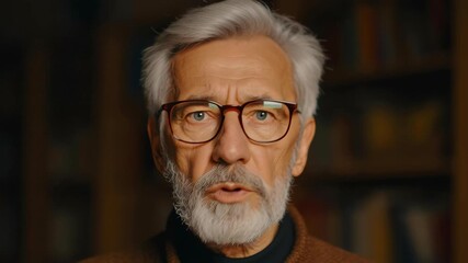 Man thinking person male portrait elder senior adult maleface with gray hair beard glasses indoor warm light soft focus background contemplative mood contemplative gaze thoughtful mood calm gaze