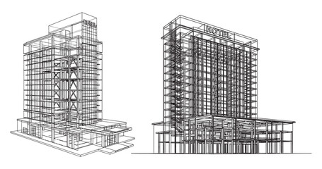 Fototapeta premium Wireframe architectural drawings of two multi-story buildings, showcasing their structural frameworks and design elements.