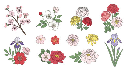 Elegant floral elements featuring cherry blossoms, peonies, irises, and chrysanthemums for timeless designs, adding graceful and delicate beauty to any project.