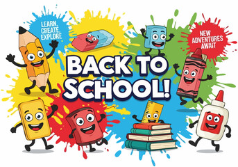 Fototapeta premium Cartoon school supplies characters are celebrating 