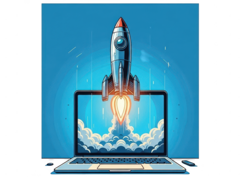 Illustration of a retro rocket launching from a laptop screen symbolizing startup launch, business growth, technology innovation, and digital success concept isolated on transparent background