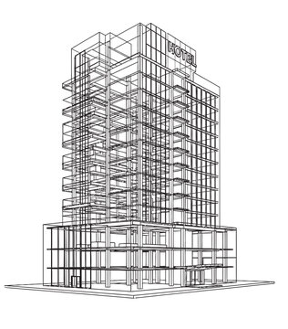 Wireframe rendering of a modern high-rise building with a 'HOTEL' sign, showcasing architectural structure.
