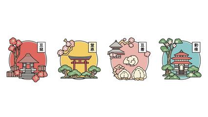 Naklejka premium Explore iconic Japanese temples and springtime cherry blossoms in this captivating travel art, evoking serenity and cultural richness for your designs