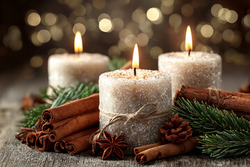 Warm glowing candles with cinnamon sticks create a cozy holiday atmosphere, perfect for inviting Christmas and winter vibes with festive decor