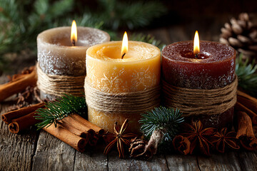 Warm holiday glow with rustic candles and cinnamon sticks creating cozy winter ambiance, perfect for seasonal decor and festive celebrations