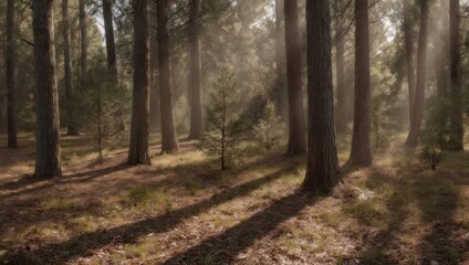 Obraz premium Sunlit Forest Scene - Tall Trees and Shadows on the Ground.