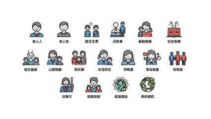 Diverse family and community icons representing well being, environmental awareness, and social issues, suitable for global outreach and support campaigns