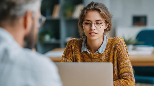 Focused Dialogue: A young woman intently engages in a meeting or discussion, her gaze fixed on a laptop screen while conversing with a colleague, illustrating collaboration.