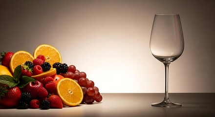 Elegant still life with fresh fruits and empty wine glass studio shot