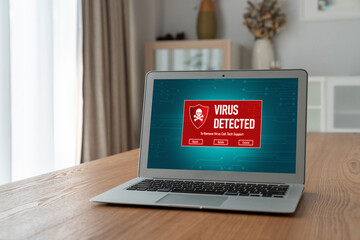 Virus warning alert on computer screen detected modish cyber threat , hacker, computer virus and malware