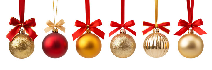 A festive arrangement of six elegant christmas ornaments in various golden and red hues each adorned with a red ribbon and bow suspended against a dark background
