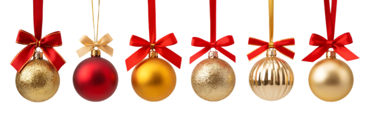 A festive arrangement of six elegant christmas ornaments in various golden and red hues each adorned with a red ribbon and bow suspended against a dark background