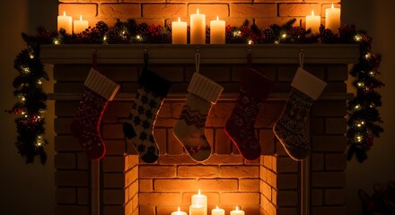 A cozy Christmas scene featuring a brick fireplace adorned with stockings and lit candles.