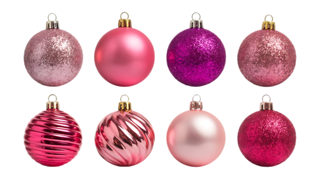 Collection of eight shiny oval christmas ornaments in various shades of pink and purple against a solid black background
