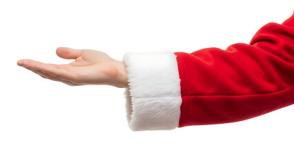 Santa claus hand extended open palm offering gesture against a stark black background invitingly welcoming and generous
