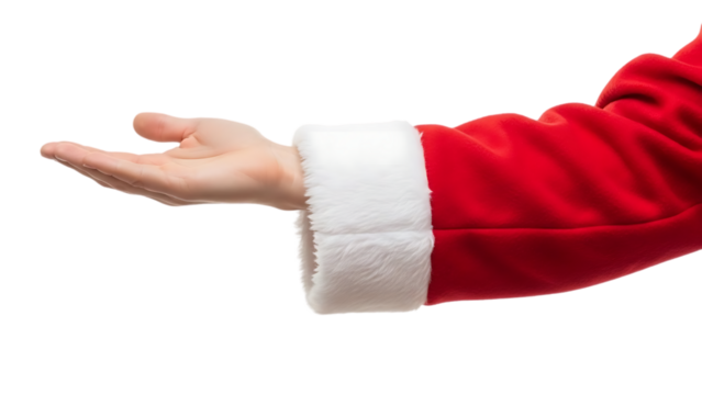 Santa claus hand extended open palm offering gesture against a stark black background invitingly welcoming and generous