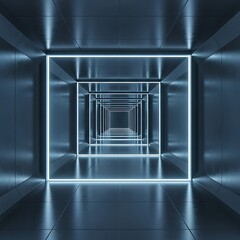 Endless sequence of luminous square frames in a corridor of reflective tiles