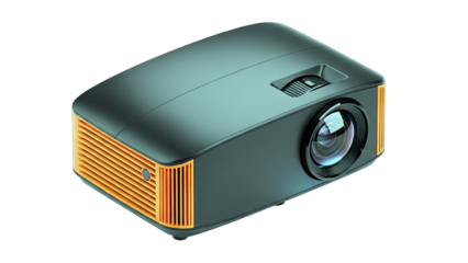 Compact dark gray digital projector with orange accents and glass lens isolated on black background modern technology for home entertainment cinematic experience high definition display