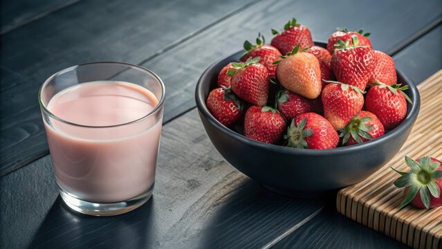 A refreshing glass of strawberry milk sits alongside a bowl of fresh strawberries, ripe and juicy