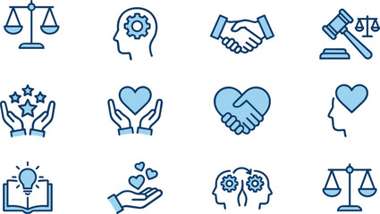 Ethics, Justice, and Empathy Icons Set, Law, Heart, Development, Values, Agreement, Idea, Vector, Blue Line Art Collection