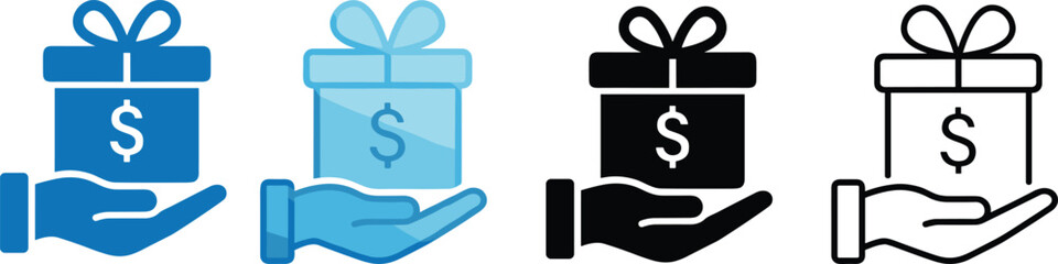 Financial Gift Icons Set, Hand Holding Money Present, Bonus, Reward, Donation, Charity, Outline, Black, Blue Vector, Modern Graphic