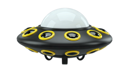 Futuristic 3D Rendered Black Flying Saucer with Yellow Accents and Glowing Dome Isolated on Transparent Background