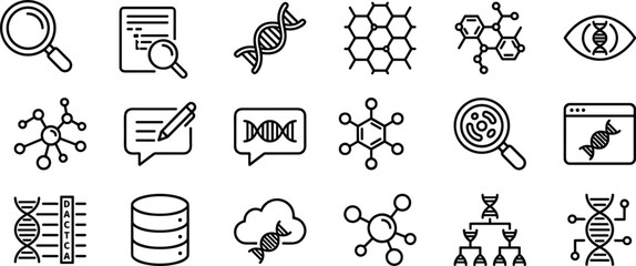 Genetics, Biotechnology, and DNA Icon Set, Science Research, Data Analysis, Molecular Structure, Outline Vector