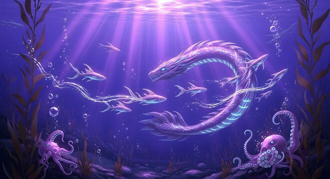 Mystical Sea Serpent Family in a Deep Ocean Realm.