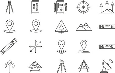 Surveying, Mapping, and Location Line Icons: Geodesy, GPS, Navigation, Target, Engineering, and Measurement Tools