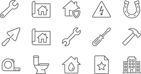 Home Repair and Construction Tools Icons Set, Architecture, Plumbing, Safety, Blueprint, Maintenance, Outline Vector Collection