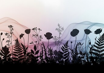 Floral silhouettes against soft gradient with smooth, abstract shapes