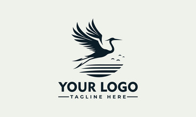 Elegant flying heron vector logo illustration over the sun with tagline for your company