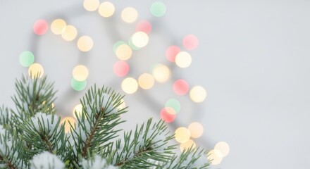 Christmas tree branches with a blurred background of fairy lights.