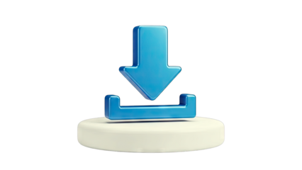 Glossy Blue Download Icon on White Pedestal Isolated on Transparent Background
