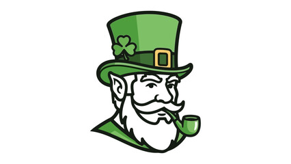 Detailed vector illustration of a mythical Irish folklore character, with a distinguished beard, green top hat, and pipe, representing ancient traditions and lucky charm