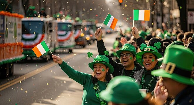 Joyful crowd at St. Patrick's Day parade. St. Patrick's celebration with flags