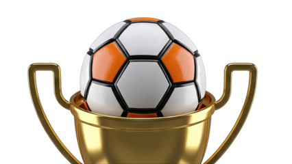 Golden Trophy Cup Holding a Soccer Ball Celebrating Athletic Achievement and Championship Victory with a Clean White Background Highlighting the Sports Equipment and Award