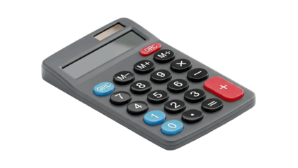 Gray Scientific Calculator with Blue and Red Buttons and a Transparent Background Perfect for Digital Design and Educational Content