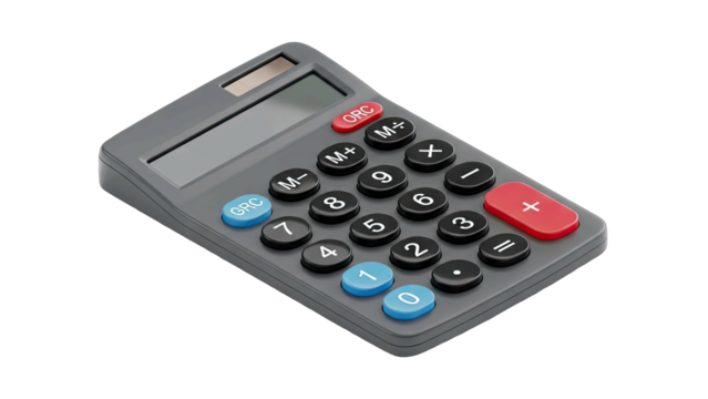 Gray Scientific Calculator with Blue and Red Buttons and a Transparent Background Perfect for Digital Design and Educational Content