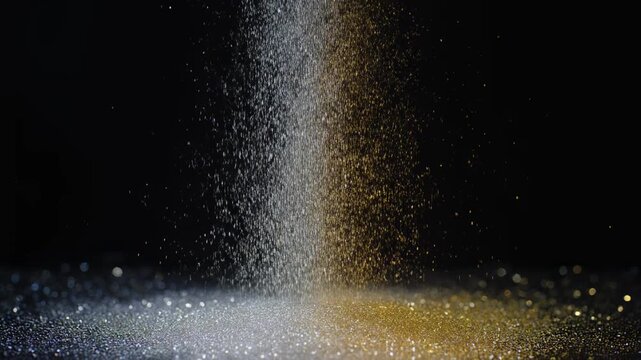 Fine white and golden particles falling and accumulating on a dark surface, illuminated by distinct light sources.