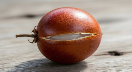 A single red tomato with a large split on a wooden surface.