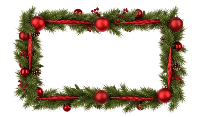Rectangular Christmas frame made of pine branches, red berries, and ornaments, festive holiday border perfect for greeting cards, winter designs, and layouts