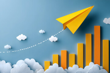 Yellow paper airplane over bar chart against blue backdrop symbolizes innovation and progress