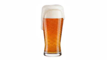 Tall glass of golden beer with overflowing foam against a black background
