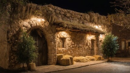 Fototapeta premium Rustic Nativity Scene: Old stone building with wooden roof, arched windows, hay bales, and warm glowing lights.