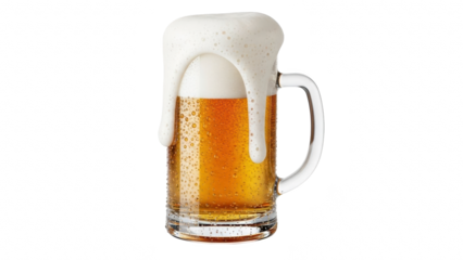 Tall glass mug overflowing with frothy beer against a black background