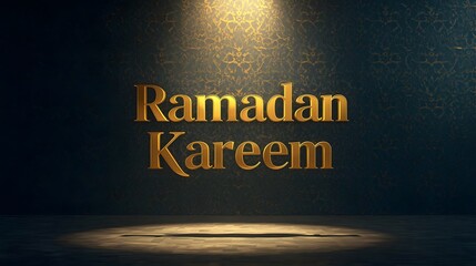 Elegant 3D gold &ldquo;Ramadan Kareem&rdquo; text illuminated by a soft spotlight on a patterned dark wall, creating a luxurious festive Ramadan atmosphere.