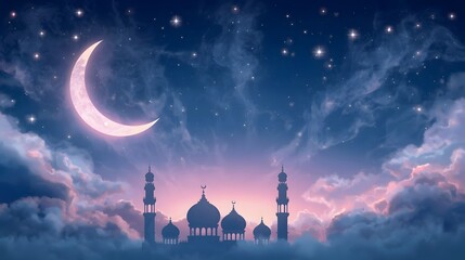 A magical Ramadan night scene featuring a glowing crescent moon, sparkling stars, and soft clouds above a peaceful mosque silhouette under a dreamy twilight sky.