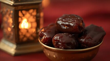 Glossy dates in a brass bowl beside a softly glowing lantern, captured in warm tones. A rich and inviting Ramadan-themed food photography scene.